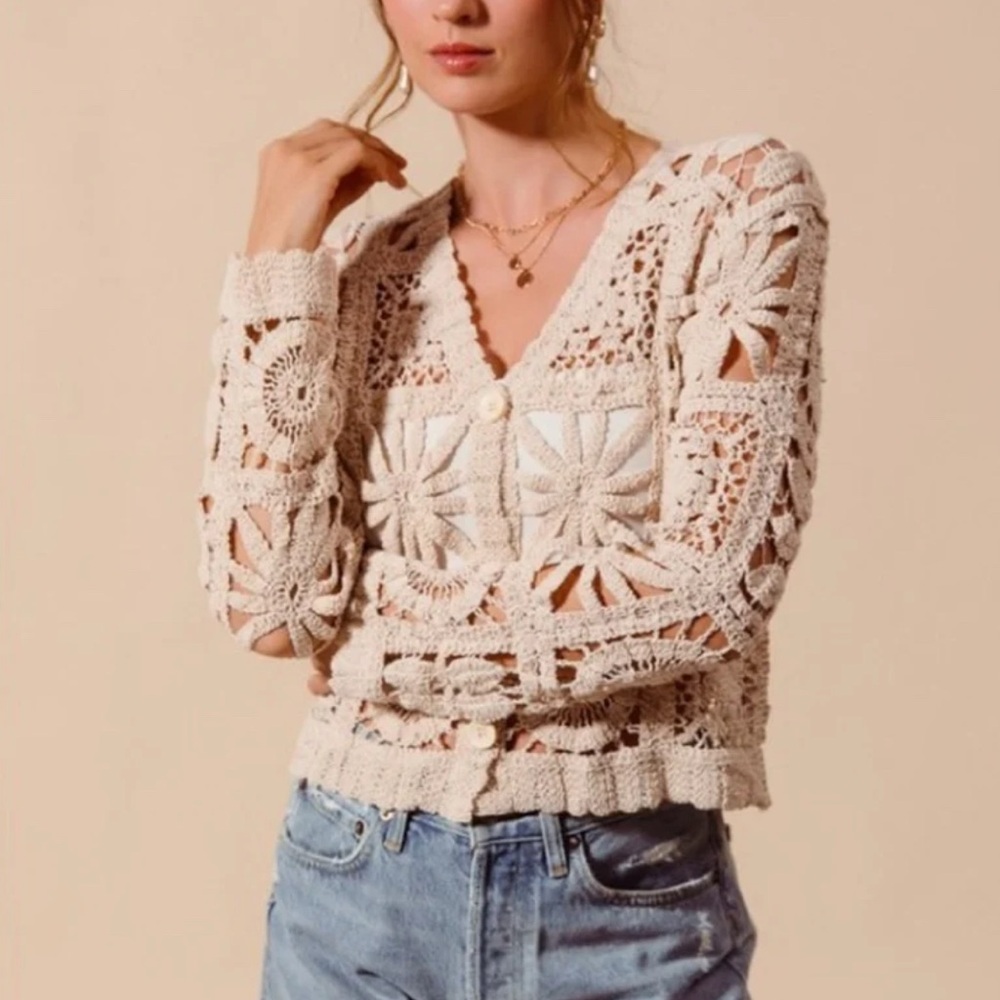 Y2K Crochet Cardigan Sweater Small Cottage Boho Hippie Coquette Granny Square